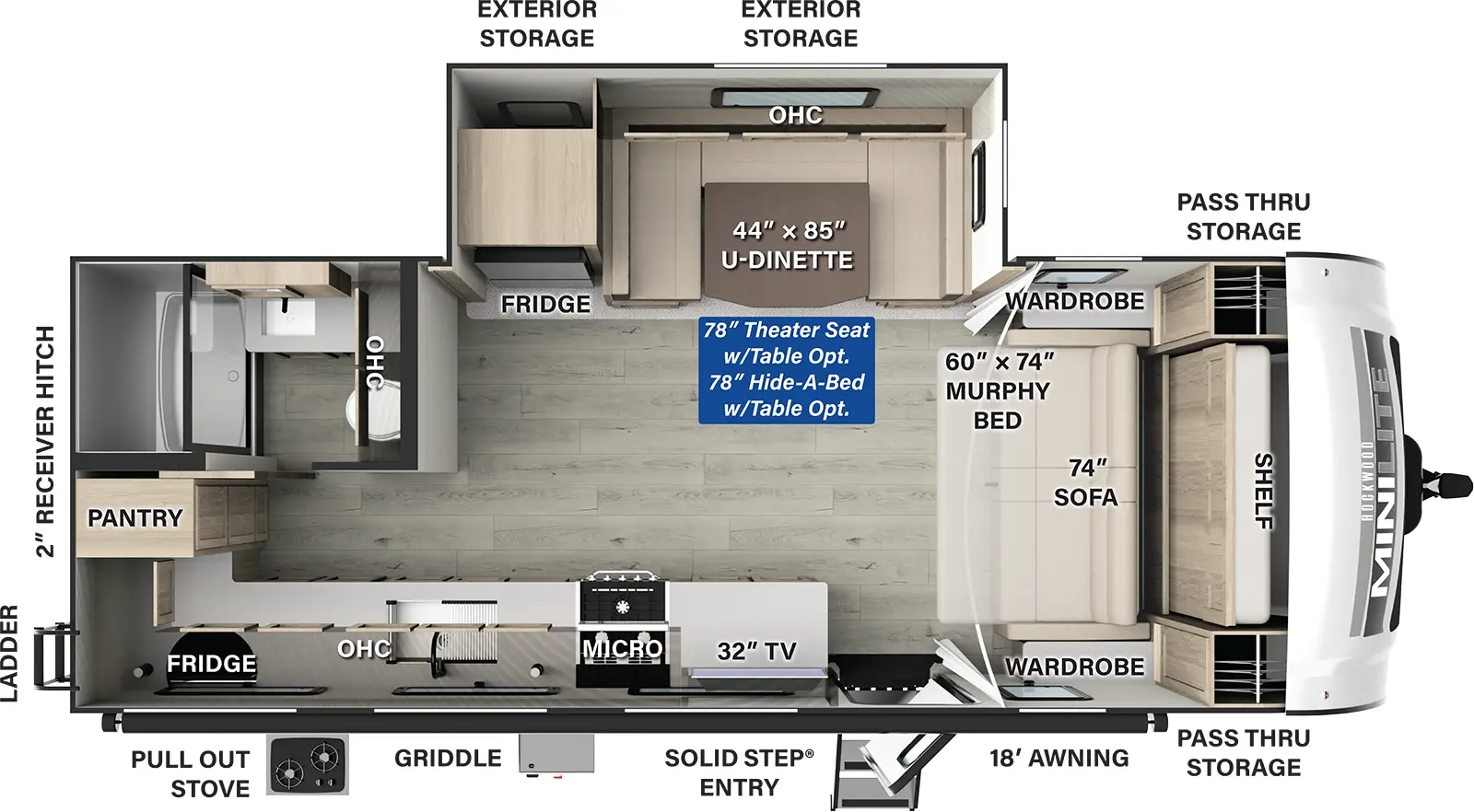 The Rockwood Mini Lite 2517S has one entry and one slide out. Exterior features include: fiberglass exterior, 18' awning and outside kitchen. Interiors features include: u-dinette and murphy bed.